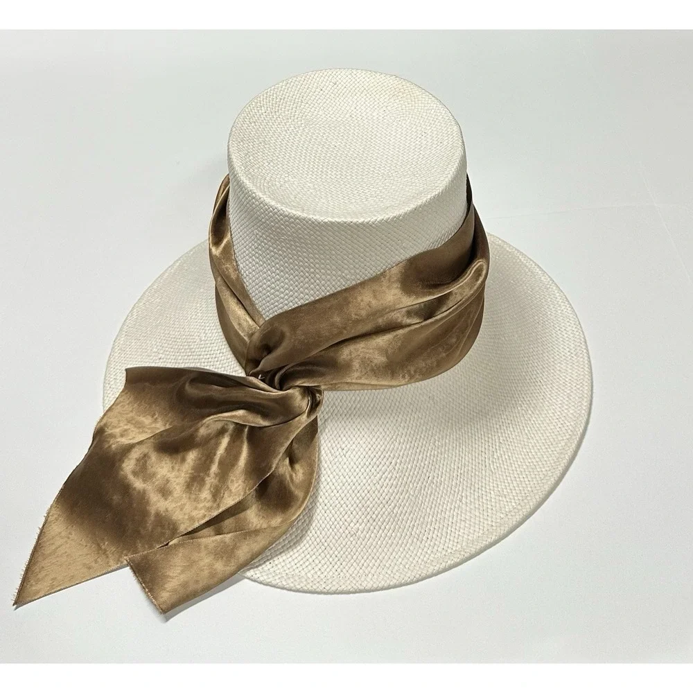 VTG Pinkham Millinery Ladies Ivory Brown Silk Church Racing Women's Derby Hat